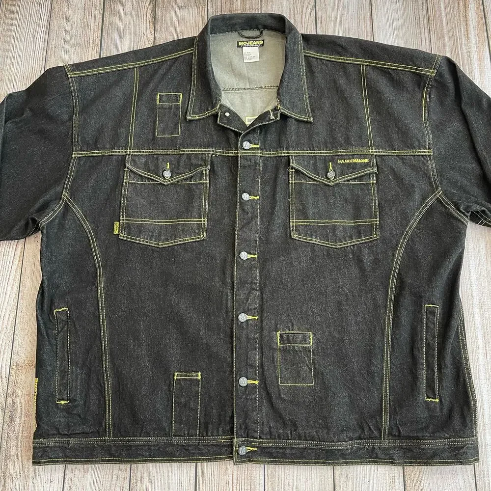 Vintage MoJeans Maurice Malone 6XL Denim Jacket Black Yellow Stitch 90s Hip Hop